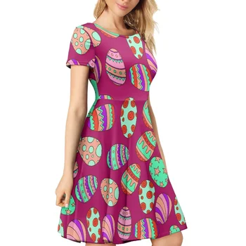 HYCOOL Yaz Bahar Elbiseler Kadınlar İçin 2023 Moda Yumurta Baskı Elbise Kaşkorse Paskalya Mini Elbise Kadın Plaj Sundress Vestidos