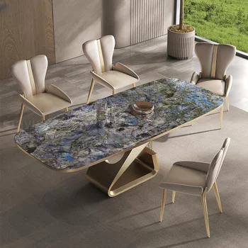 Lüks Mutfak Masaları Altı Sandalye Mavi Tasarım masa çerçevesi Granit Mermer Panel Tezgah Ev Mobilyaları Beyaz Yemek Odası Takımları