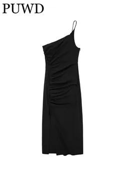 PUWD Kadın Moda Asimetrik Saten Dokulu askı elbise 2023 Bahar Vintage Kolsuz Geri Kat Kadın Yarık Elbise Mujer