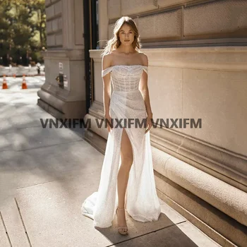 Sequins Boho gelinlik Modelleri Mermaid Pleats Gelin Kıyafeti Seksi Yan Bölünmüş Kapalı Omuz Düğün Parti Törenlerinde 2022